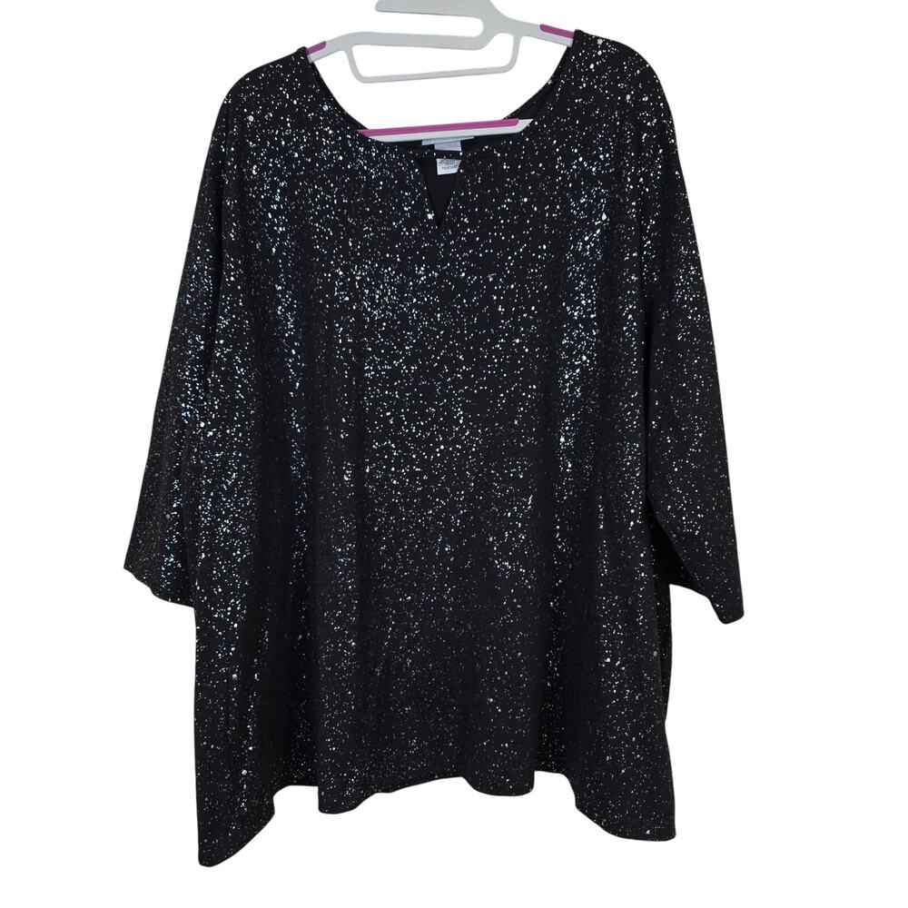 Women's Catherines Black Silver Metallic Splatter Keyhole Neck Top | Size 3X